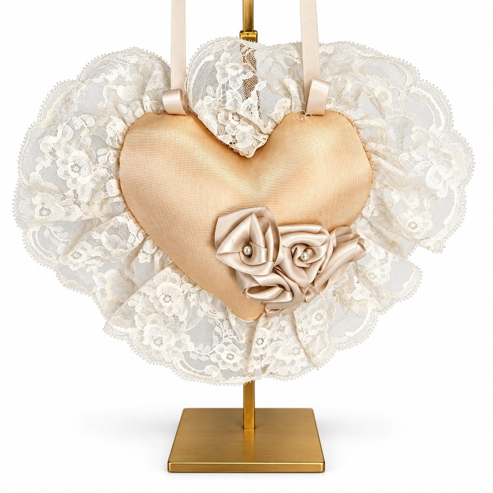 Vintage 90s Heart Pillow Lace Satin Rosette Hanging Victorian Decor Taffeta
